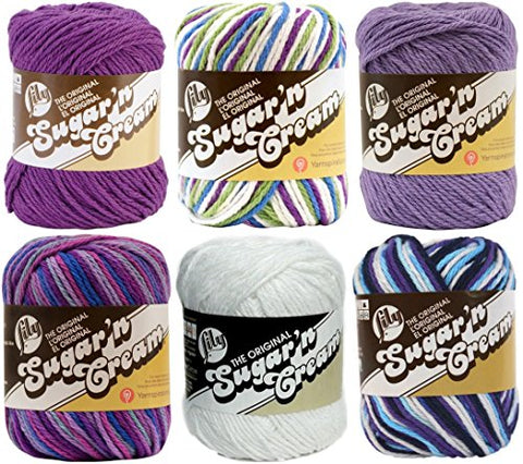 Lily Sugar'n Cream Solid Yarn Hot Purple 120 Yards 2.5 OZ, Lily Sugar'n Cream Solid Yarn Black Currant 120 Yards 2.5 OZ, Lily Sugar'n Cream Solid Yarn White 120 Yards 2.5 OZ, Lily Sugar'n Cream Yarn - Ombre Jewels 95 Yards 2 OZ, Lily Sugar'n Cream Yarn -