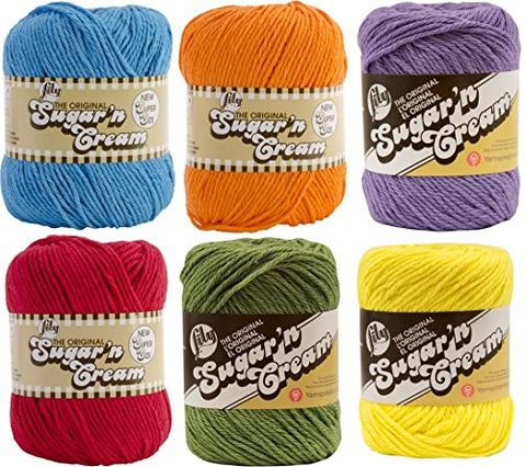 Bundle: Lily Sugar'n Cream Solid Yarn 6 Pack: Hot Orange, Sunshine, Hot Purple, Red, Hot Blue and Sage Green