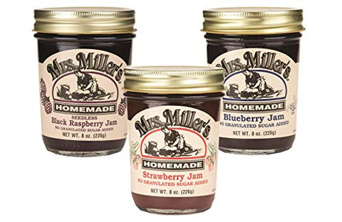 Bundle: 9oz jars - 1 No Sugar Seedless Black Raspberry Jam, 1 No Sugar Strawberry Jam, 1 No Sugar Blueberry Jam