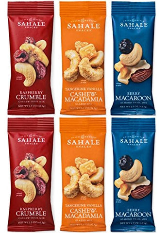 Sahale Nut Blends Small Pouches - 1.5 oz, 6 Pack Includes: 2 Raspberry Crumble Cashew, 2 Tangerine Vanilla Cashew Macadamia and  2 Berry Macaroon Almond