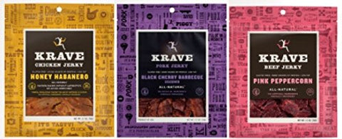 Krave Honey Habanero Chicken 2.75 oz 
Krave Black Cherry BBQ Pork 2.75 oz  
Krave Pink Peppercorn Beef Jerky 2.75 oz