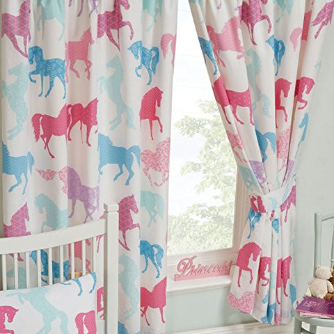 Patchwork Ponies Curtains Fully Lined 66x54 with Tie Backs - (168cm) 54in drops (137cm or 183cm)