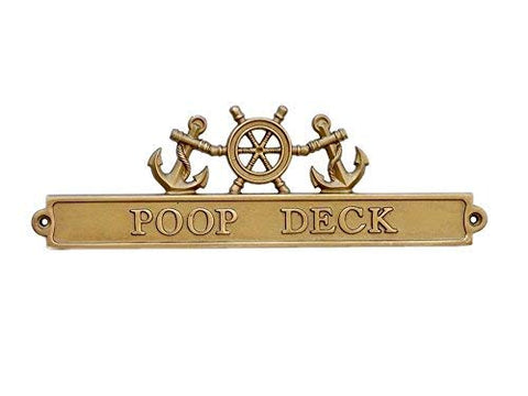 Antique Brass Poop Deck Sign with Ship Wheel and Anchors 12 in