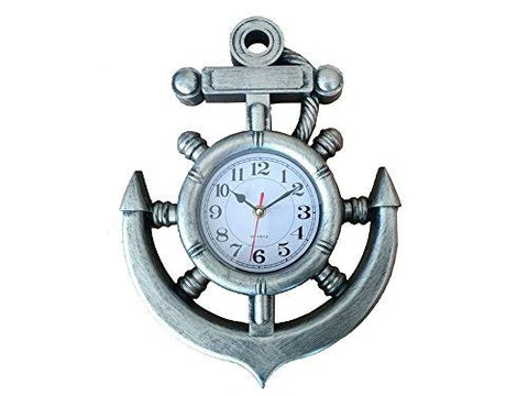 Silver Ship Wheel and Anchor Wall Clock 15 in