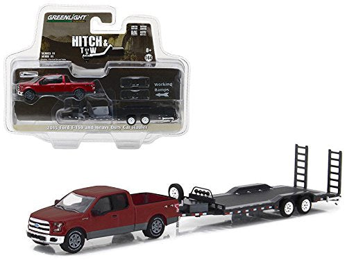 Greenlight 2015 Ford F-150 Pickup Truck Burgundy and Heavy Duty Car Hauler Hitch & Tow Series 11 1/64 Diecast Car Model