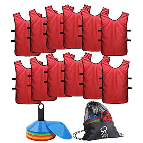 Soccer Cones (Set of 50) and Sports Jerseys Pinnies (12-Pack) - Perfect Disc Cones for Basketball Drills, Complete Soccer Training Equipment