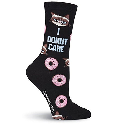 Women's Grumpy Cat I Donut Care Crew Socks, Black 9-11
