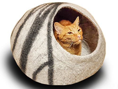 MEOWFIA Premium Felt Cat Bed Cave (Medium) - Handmade 100% Merino Wool Bed for Cats and Kittens (Light Grey/Medium)