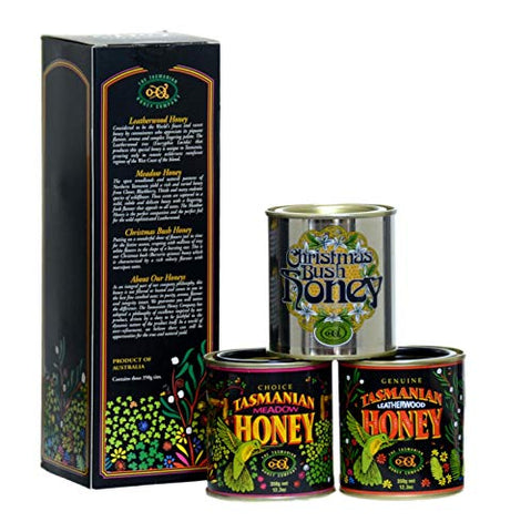 The Tasmanian Honey Company Christmas Bush Honey 350 grams, The Tasmanian Honey Company Leatherwood Honey 350 grams and The Tasmanian Honey Company Meadow Honey350 grams