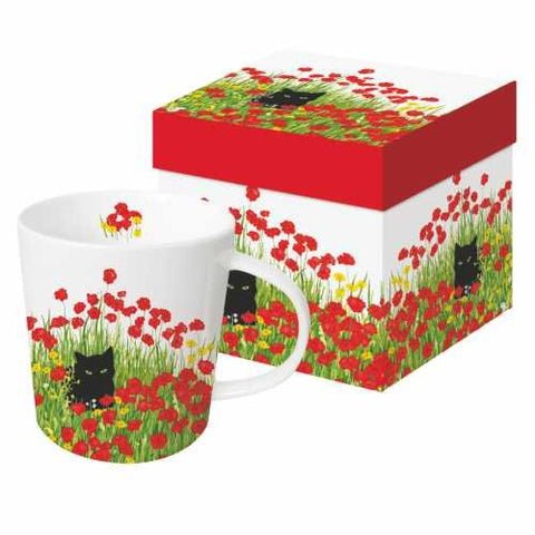 New Bone China Mug 13.5 oz Gift Box Black Cat Poppies