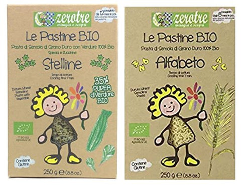 Rustichella d'Abruzzo Pasta, Pastina - Children's, ZeroTre Organic, Alphabet, 250 gr/8.8 oz and 
Rustichella d'Abruzzo Pasta, Pastina - Children's, ZeroTre Organic, Stelline (With Vegetable Puree), 250 gr/8.8 oz