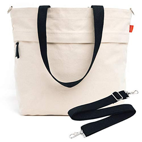 Caldo Canvas Market Tote - Large Multipurpose Travel Bag with Outer Zipper Pocket, Inner Pocket, and Adjustable Shoulder Strap- Reusable Bag for Groceries, Work, Laptop, or Beach (Natural)
