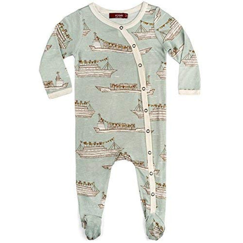 Bamboo Footed Romper, Blue Ships, 0-3M
