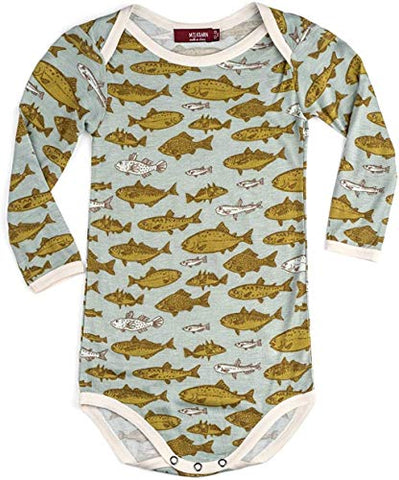 Bamboo Long Sleeve One Piece, Blue Fish, 6-12M