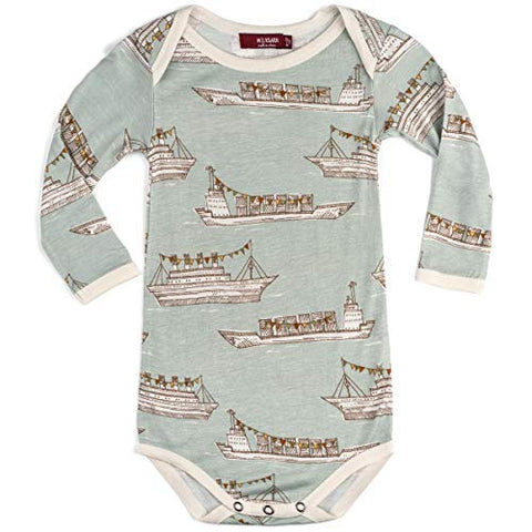 Bamboo Long Sleeve One Piece, Blue Ships, 3-6M