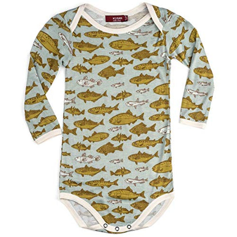 Bamboo Long Sleeve One Piece, Blue Fish, 3-6M