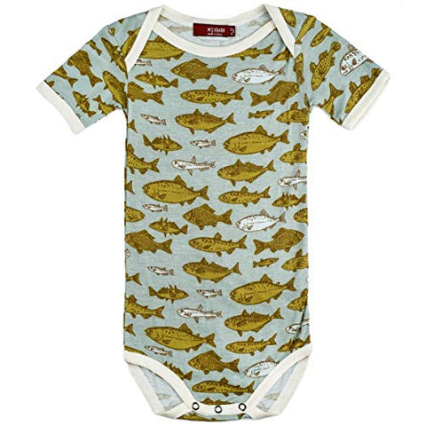 Bamboo One Piece Short Sleeve, Blue Fish, 12-18M