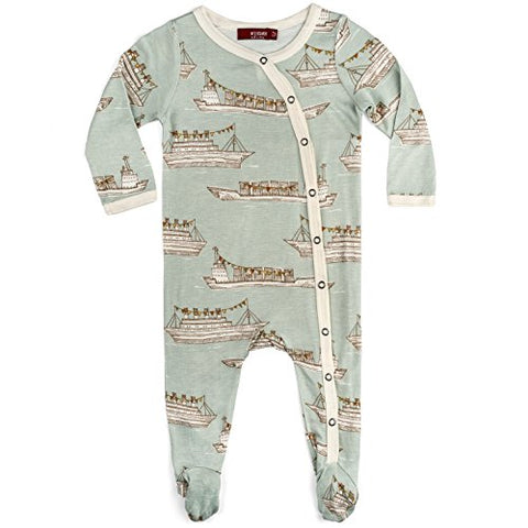 Bamboo Footed Romper, Blue Ships, 6-9M
