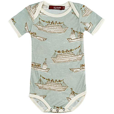 Bamboo One Piece Short Sleeve, Blue Ships, 12-18M