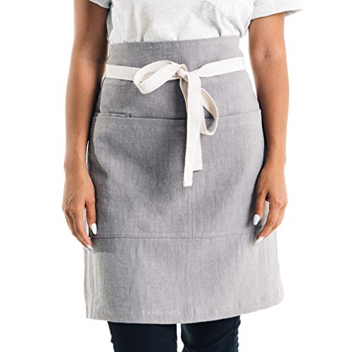 CALDO Linen Bistro Cafe Apron - Professional Grade with 3 Pockets, Half Kitchen Apron, Mid Length 23 x 23, 40 Inch Waist Ties - Durable Unisex Uniform- Server or Chef (Grey)
