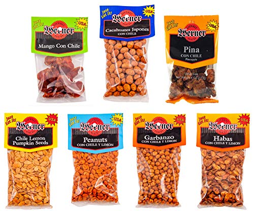 Chile Mango 4oz Bag, Cacahuates Japones Con Chile 5.5oz Bag, Pina Con Chile 4oz Bag 6ct Case, Chile Limon Pumpkin Seeds 3.5oz Bag, Chile Limon Peanuts 7oz Bag, Garbanzo Con Chile Y Limon 6oz Bag and Habas Con Chile Y Limon 5.5oz Bag