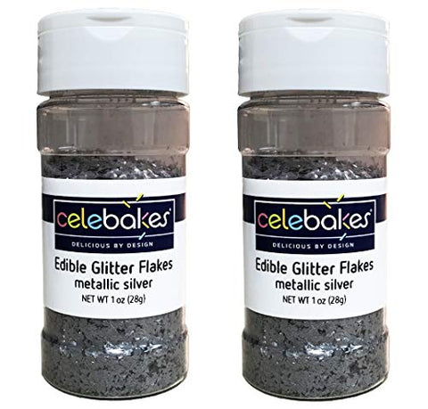 Celebakes Metallic Silver Edible Glitter Flakes, 1 oz