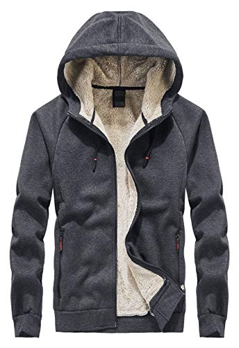 Flygo Men's Classic Sherpa Lined Hooded Sweatshirt Full Zip Up Jacket Outwear (X-Small, Dark Grey)