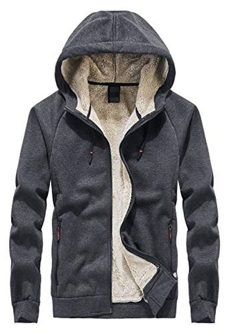 Flygo Men's Classic Sherpa Lined Hooded Sweatshirt Full Zip Up Jacket Outwear (X-Small, Dark Grey)
