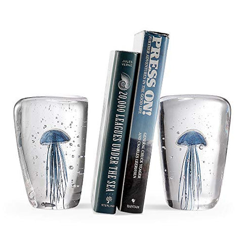 Art Glass Blue Jellyfish Wedge Bookends Pair - Glow in the Dark