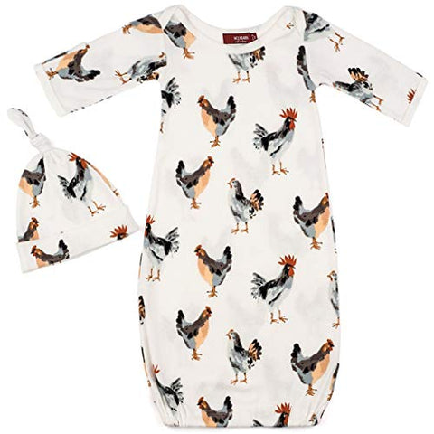Chicken Organic Cotton Newborn Gown & Hat Set, 0-3M