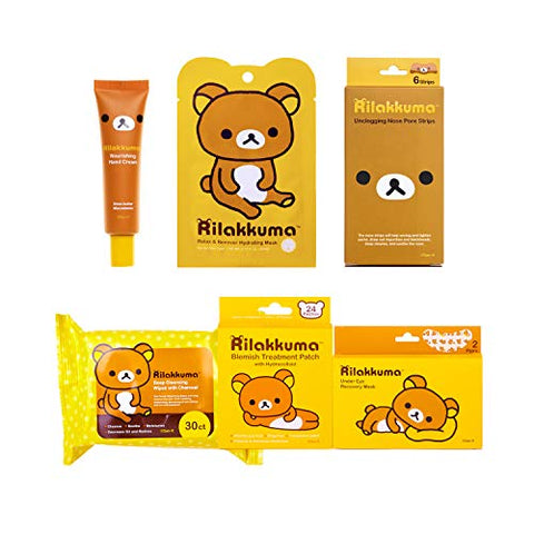 Rilakkuma Relax & Recover Hydrating Mask and Rilakkuma Blemish Pact and Rilakkuma Under Eye Recovery Mask and Rilakkuma Unclogging Nose Pore Strips and Rilakkuma Nourishing Hand Cream and Rilakkuma Cleansing Wipes