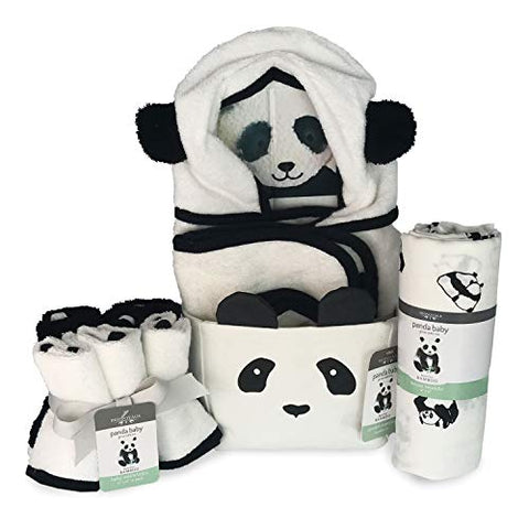 Panda Baby Rayon Viscose Bamboo Comfort Essentials - White/Black - 1 Hooded Towel, 1 Panda Swaddle, 7 Baby Washcloths and 1 Small Panda Basket Swaddles 47x47, Hooded Towel 40x28 (Hood 16x8), Washcloths 10x10)