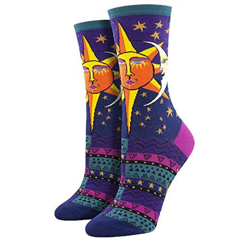 Women's Novelty Crew Sun And Moon Socks, Purple 9-11