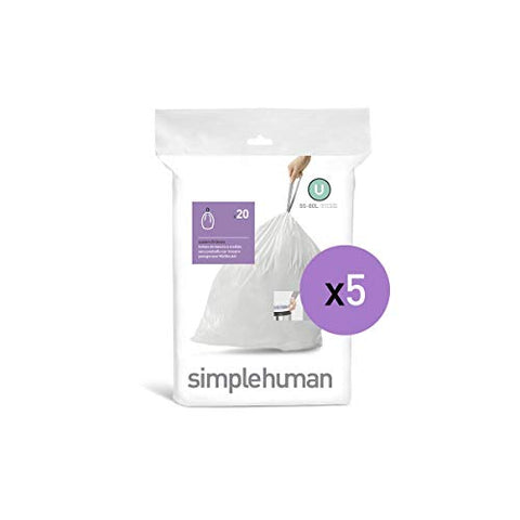 simplehuman Code U, 55 Liter / 14.5 Gallon, White, 1 Custom Fit Drawstring Trash Bags, 100 Liners