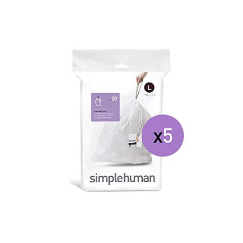 simplehuman Code L Custom Fit Drawstring Trash Bags, 100 Pack, White