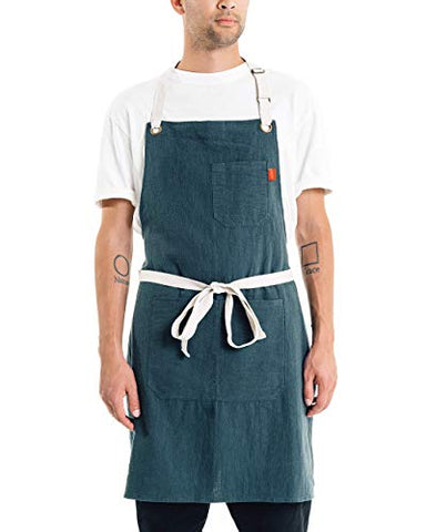 Caldo Linen Kitchen Apron for Cooking - Mens and Womens Linen Bib Apron for Professional Chef, Server, or Barista- Adjustable with Pockets (Spruce)