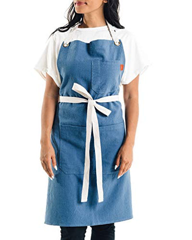 Caldo Linen Kitchen Apron for Cooking- Mens and Womens Linen Bib Apron for Professional Chef, Server, or Barista- Adjustable with Pockets (Vintage Blue)