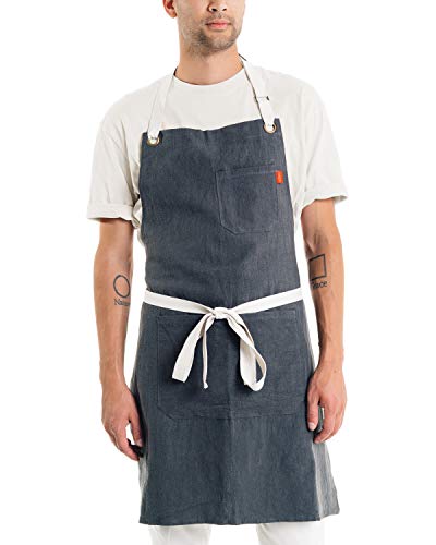 Caldo Linen Kitchen Apron for Cooking- Mens and Womens Linen Bib Apron for Professional Chef, Server, or Barista - Adjustable with Pockets (Slate)