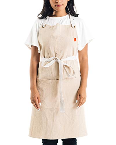 Caldo Linen Kitchen Apron for Cooking- Mens and Womens Linen Bib Apron for Professional Chef, Server, or Barista- Adjustable with Pockets (Bone)