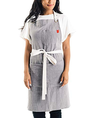 Caldo Linen Kitchen Apron for Cooking - Mens and Womens Linen Bib Apron for Professional Chef, Server, or Barista - Adjustable with Pockets (Grey)