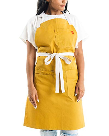 Caldo Daily Cotton Kitchen Apron for Cooking- Mens and Womens Professional Chef or Server Bib Apron - Adjustable Straps with Pockets and Towel Loop (Mustard)
