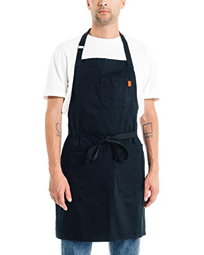 Caldo Daily Cotton Kitchen Apron for Cooking- Mens and Womens Professional Chef or Server Bib Apron - Adjustable Straps with Pockets and Towel Loop (Black)
