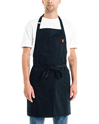 Caldo Daily Cotton Kitchen Apron for Cooking- Mens and Womens Professional Chef or Server Bib Apron - Adjustable Straps with Pockets and Towel Loop (Black)
