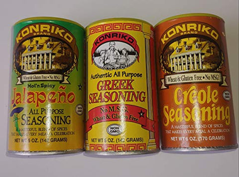 Konriko Creole Seasoning 6 oz,
Konriko Greek Seasoning 5 oz and
Konriko Jalapeno Seasoning 5 oz