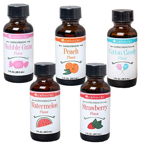 Super Strength Watermelon Flavor 1 oz., Super Strength Strawberry Flavor 1 oz., Super Strength Cotton Candy Flavor 1 oz., Super Strength Bubble Gum Flavor 1 oz., Super Strength Peach Flavor 1 oz.