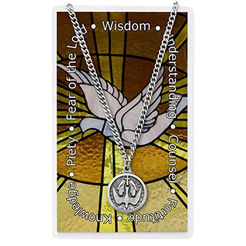 Pewter Holy Spirit Dove Confirmation Medal on Silver Toned 24 Inch Chain with Laminated Prayer Card