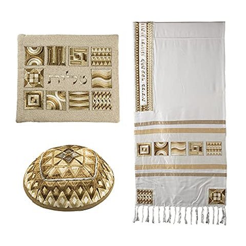 Tallit - Full Embroidery - Squares Gold
