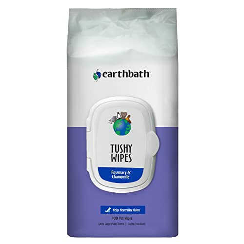Earthbath Tushy Wipes - Helps Neutralize Oder Between Washes, Cleanses and Soothes, Good for Dogs & Cats - Rosemary & Chamomile, 100 Count
