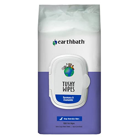 Earthbath Tushy Wipes - Helps Neutralize Oder Between Washes, Cleanses and Soothes, Good for Dogs & Cats - Rosemary & Chamomile, 100 Count